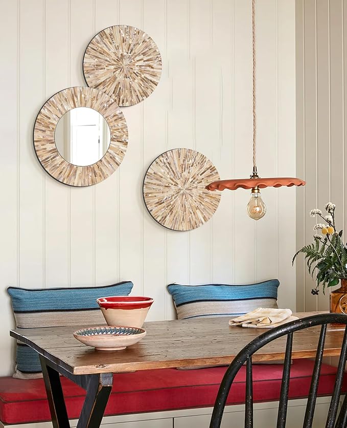 TEIPAI Boho Decorative Mirror for Living Room, 3PCS Handcrafted Mother of Pearl Mirror Wall Decor for Home Dorm Apartment Hallway Staircase, Mosaic Art Plates for Wedding Decoration (Dark Brown)-Ruum Studio Home