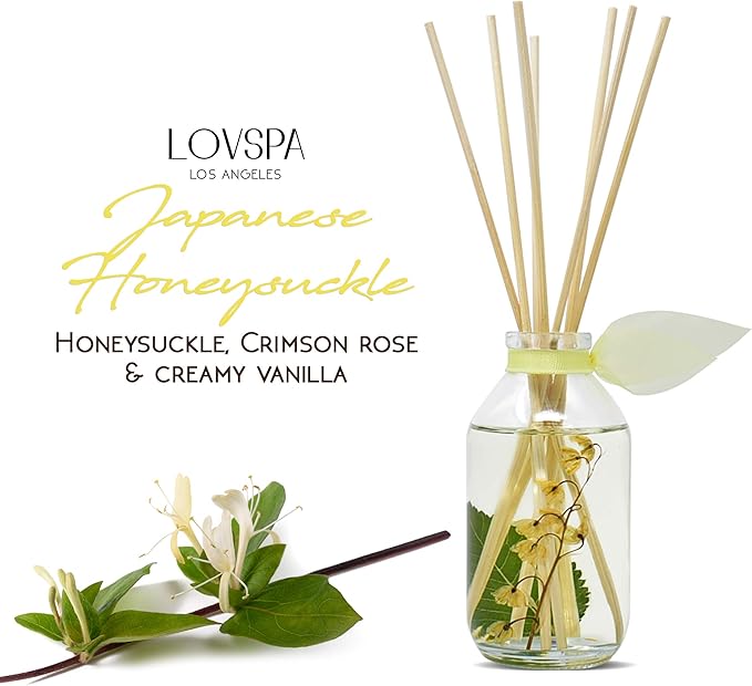LOVSPA Reed Diffuser Set, Japanese Honeysuckle Scented Oil Diffuser with Sticks, Home Fragrance Accessories for Bathroom Shelf Decor, Aroma Diffusers for Home or Office Desk, USA Made-Ruum Studio Home