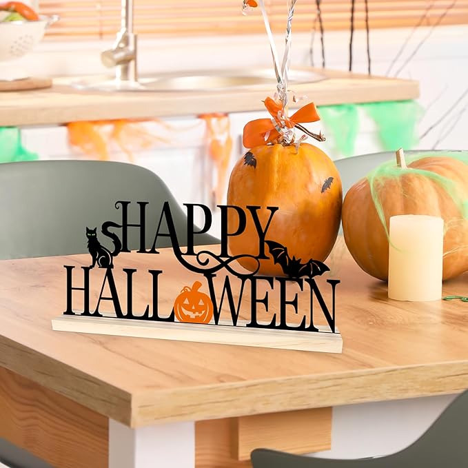 COCHIE Metal Happy Halloween Sign, Black Halloween Decorations for Home, Office, Shelf, Mantel, Indoor, Jack-o-lantern Decoration, Spooky Cat Bat Decor (Halloween)-Ruum Studio Home