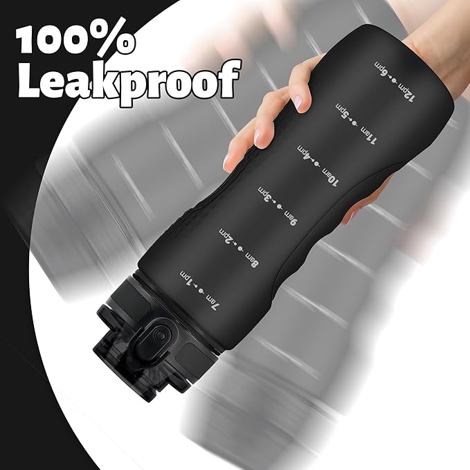 OLDLEY 25 oz Water Bottle, Motivational Water Bottle with Time Marker, Sports Water Bottle With Strap, Leakproof & BPA Free Large Water Bottles for School, Gym, Travel, Outdoor, Tritan,Black-Ruum Studio Home