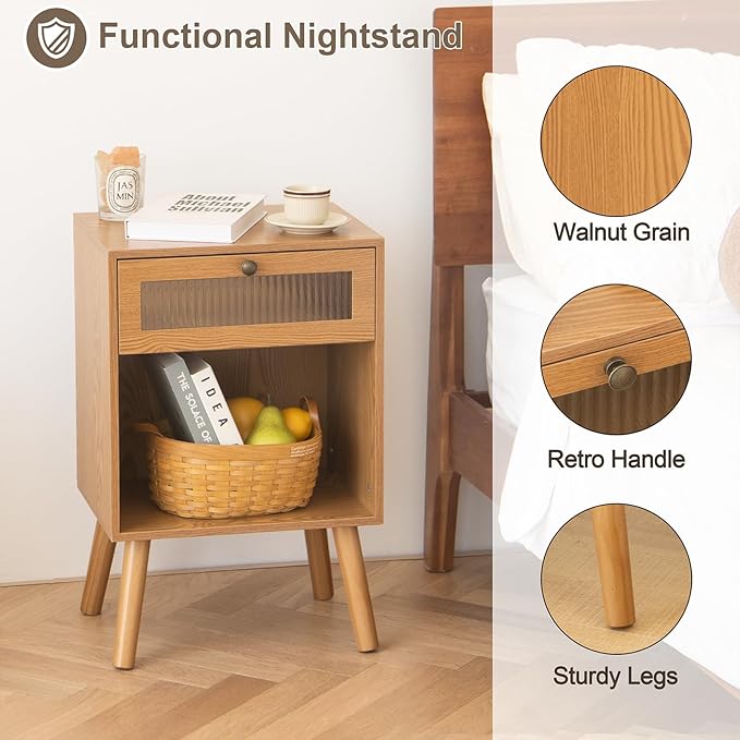 AWASEN Mid Century Nightstand, Bedside Table with Glass Storage Drawer and Large Open Shelf, Modern Night Stand Side End Table with Solid Legs for Bedroom, and Small Space, Brown-Ruum Studio Home