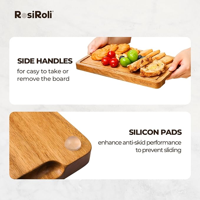 Acacia Wood Cutting Board for Kitchen - 0.8 inch Thick Wood Charcuterie Cheese Board with Side Handles and Juice Grooves, Wooden Chopping Block for Meat and Veggies, 11.5x7 inch-Ruum Studio Home