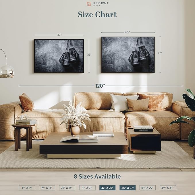 ElephantStock Boxing Gloves Wall Art - Horizontal Framed Canvas - 1-Piece Living Room Wall Decor - Photography Sports Canvas Print - Black and Gray Decor for Wall - 40" X 27"-Ruum Studio Home