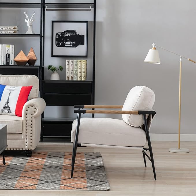 Mid-Century Accent Chair Set of 2, Soft Armchair Chenille Fabric Lounge Chair with Black Metal Legs, Upholstered Leisure Chair for Living Room Bedroom Reception Room, Beige-Ruum Studio Home
