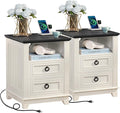 18" Farmhouse Night Stands Set of 2 with Charging Station, 2 Drawers End Table Dresser for Bedroom， Wooden Nightstand, Bed Side Table with Open Shelf, Bedside Cabinet for Living Room（White）-Ruum Studio Home