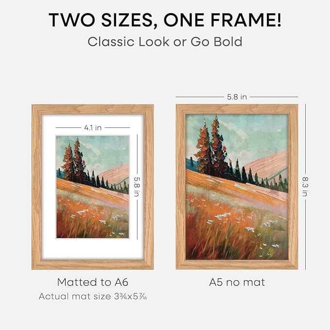 Homeforia A5 Wood Picture Frame, High-End Natural Oak 5.8x8.3 Frame Matted to 4.1x5.8 inch Photo, A5 Size Wooden Frames with Mat A6 for Art, 5.8 x 8.3 Poster Frames, Tempered Glass, Wall Kit, Set of 1-Ruum Studio Home