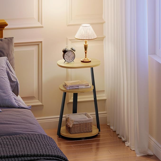Side Table, Small End Table with Metal Frame, 3-Tier Bedside Tables, Round Side Tables for Living Room Bedroom Couch Bathroom, Oval, Modern Oak-Ruum Studio Home