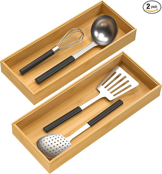 Bamboo Drawer Organizer, Stackable Utensil Organizer for Kitchen, Bamboo Storage Box Wood Silverware Tray for Drawer 15" x 6" x 2" Set of 2-Ruum Studio Home