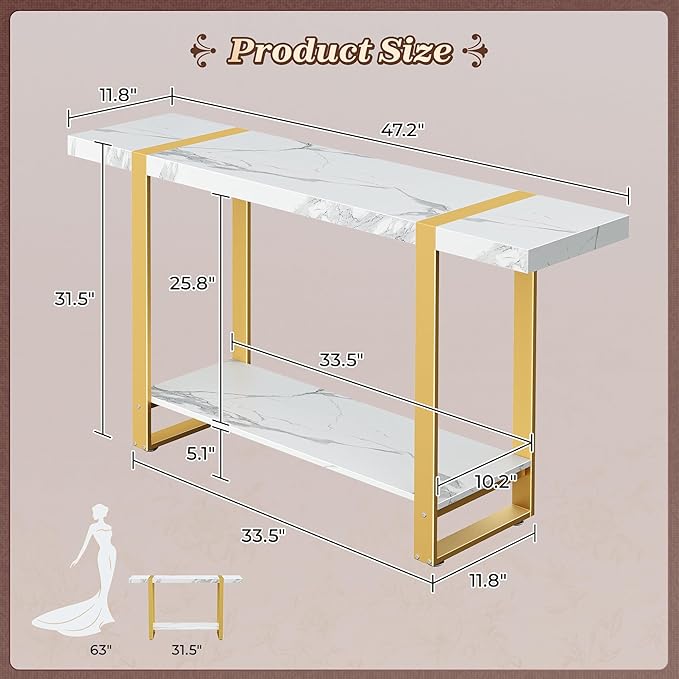 Huuger 47.2 Inch Entryway Table with Marble Top, 2-Tier Modern Console Sofa Table with Storage, Accent Table, for Entry, Hallway, Entrance, Foyer, T-Shaped Metal Frame, White Marble & Gold-Ruum Studio Home