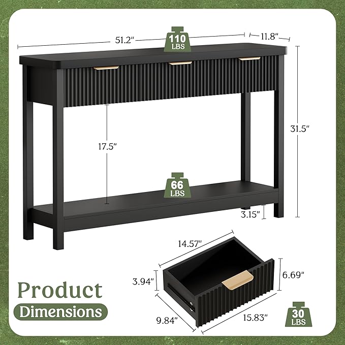Lulive 51" Fluted Console Table for Entryway, Entryway Table with 3 Wooden Drawers, Farmhouse Behind Sofa Table for Living Room, Hallway, Couch, Foyer-Ruum Studio Home