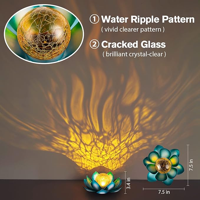 Solar Light Outdoor(2Pack), Art Crackle Globe Glass Lotus Decoration, Solar LED Waterproof Blue Metal Flower Lights for Patio,Lawn,Walkway,Tabletop-Ruum Studio Home
