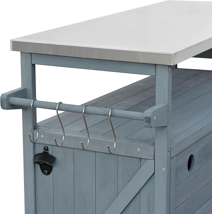Outdoor Solid Wood Grill Table with Stainless Steel Top, Farmhouse Kitchen Island with Storage Cabinet, Outdoor Bar Cart with Internal Storage Rack, Spice & Towel Rack, Grey Blue-Ruum Studio Home