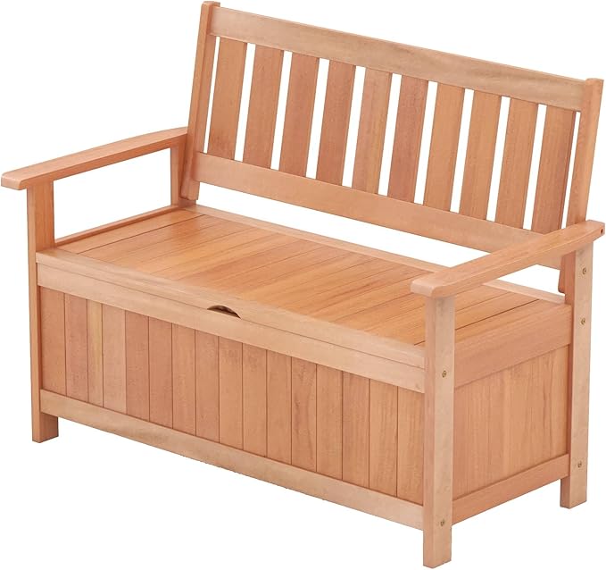 Tangkula 48 Inch Outdoor Wood Storage Bench Deck Box, Wooden Storage Loveseat with 34.2 Gal Inner Space, Entryway Bench Deck Box with Slatted Backrest, Storage Seat for Garden, Lawn, Balcony & Porch-Ruum Studio Home