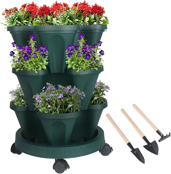 Vertical Planter 3 Tier Stackable Planters Garden Planters Strawberry Herb Flower and Vegetable Planter Indoor Outdoor Gardening Pots with Removable Wheels and Tools-Ruum Studio Home
