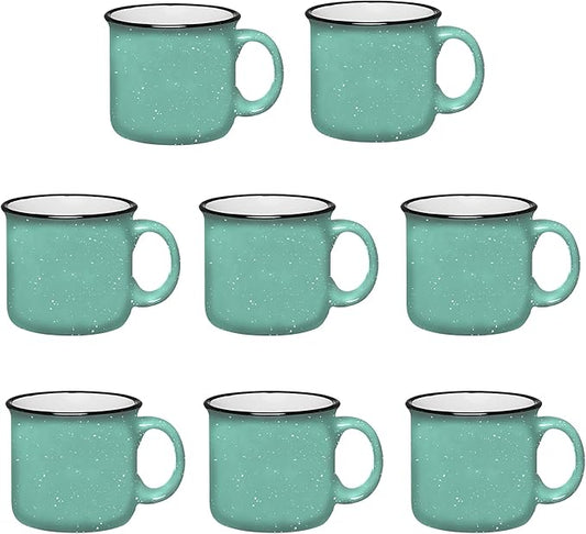 Set of 8 Ceramic Campfire Mugs – 15 Oz, Teal – Coffee & Tea Cups for Home, Work, Travel, Camping – Customizable, Great for DIY, Events, Companies-Ruum Studio Home