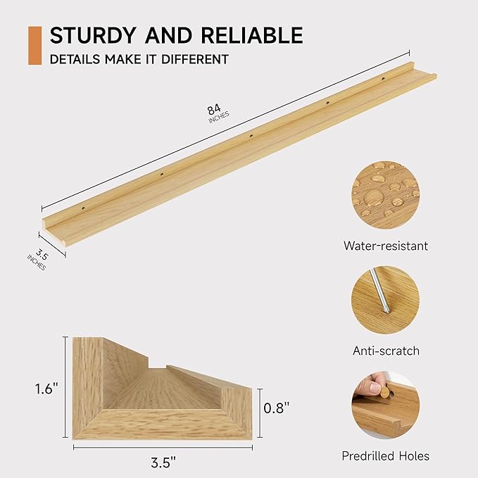 Floating Picture Ledge Shelves for Wall Set of 2, 84 Inches Picture Ledge Shelf with Long Large Nursery Book Shelf for Toys Storage Kids Bookshelf Wall Mounted Living Room Bedroom Decor Frames, Oak-Ruum Studio Home