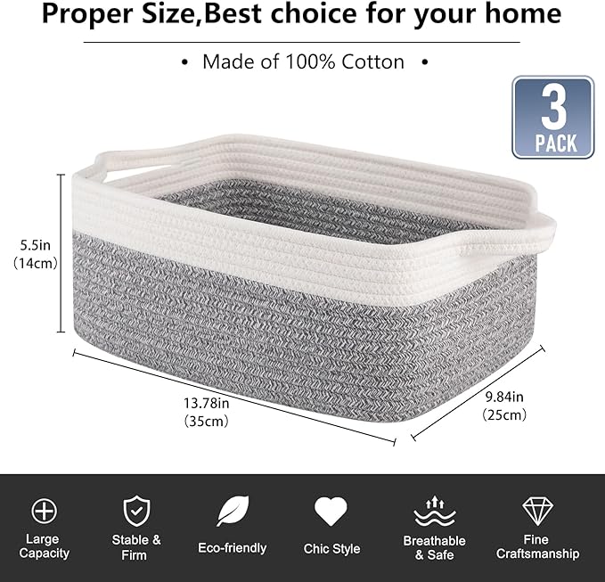 OIAHOMY 3 Pack Storage Baskets for Organizing, Woven Cotton Rope Basket for Shelves, Closet Organizer Bins with Handles, Rectangle Toy Organization, 13.78''×9.84''×5.5'', Grey & White-Ruum Studio Home