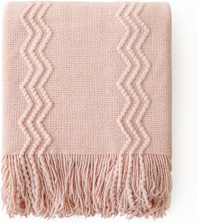MIULEE Light Pink Knitted Throw Blanket for Couch Bed, Boho Textured Cozy Woven Decorative Farmhouse Blanket with Tassels for Sofa Chair Living Room 50"x60"-Ruum Studio Home