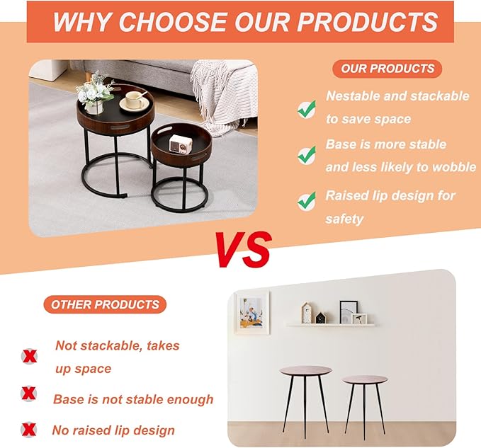 Nesting Coffee Table Set of 2, Small Round Stacking Side Table Set with Metal Frame, Nesting Tables for Living Room Bedroom Office Balcony (Wood, 2)-Ruum Studio Home