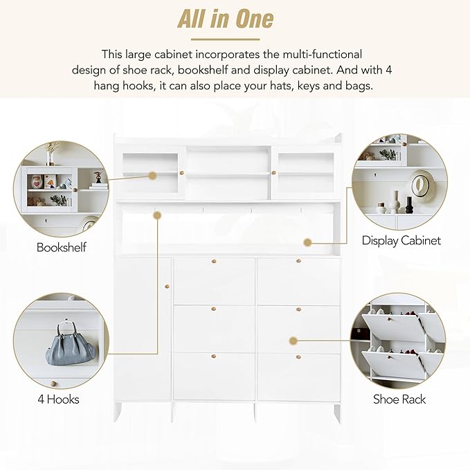 Ball & Cast Tipping Bucket 3-Tier Shoe Cabinet with 6 Flip Drawers and Storage Shelf,Entryway Hall Tree with Tempered Glass Doors and 4 Hooks,for Hallway,Mudroom,Living Room,White-Ruum Studio Home