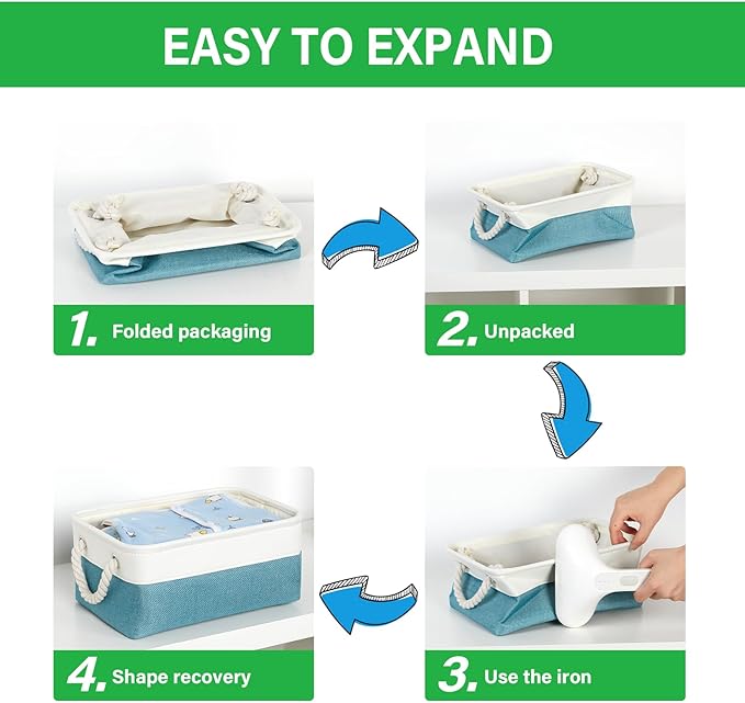 Bidtakay Small Storage Baskets for Shelves 3 Pack Fabric Storage Bins for Organizing Linen Collapsible Organizer for Closet-White&Teal-Ruum Studio Home