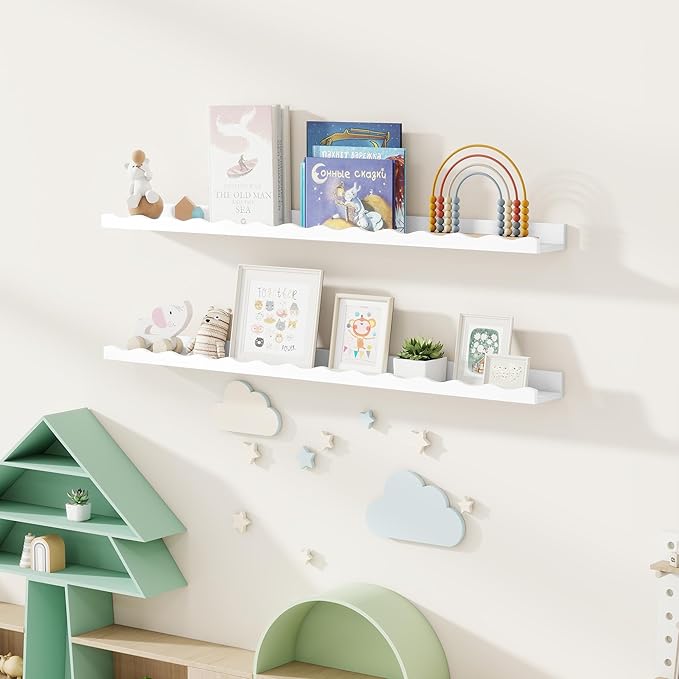 Fun Memories Picture Ledge Shelf for Wall, 48 inch Pine Wood Nursery Book Shelves Set of 2- Wall Book Shelves for Kids Room, Home Decor - Kitchen Spice-White-Ruum Studio Home