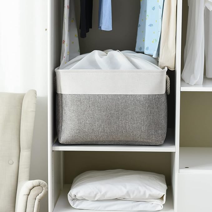 TheWarmHome Storage Bins Baskets for Organizing, 20.5L×15.7W×13.8H 3 Pack Sturdy Fabric Storage Basket W/Handles, Decorative Foldable Storage Baskets for Shelves Closet Nursery Toy (White & Grey)-Ruum Studio Home