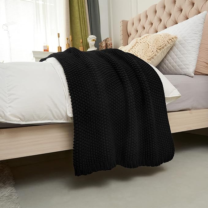 Longhui bedding Chunky Cable Knit Throw Blanket Lightweight Black 100% Organic Cotton Blanket for Sofa Couch Bed Baby Nursery, Rustic Shabby Chic Modern Farmhouse, 60” x 80” Give Laundering Bag-Ruum Studio Home