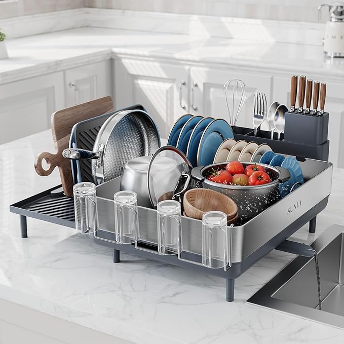 SUNLY Large Dish Drying Rack, Expandable Dish Racks for Kitchen Counter, Space Saving 304 Stainless Steel Drying Rack Kitchen, Extra Large Drainer with Multifunctional Flip Up Pegs, Gray-Ruum Studio Home