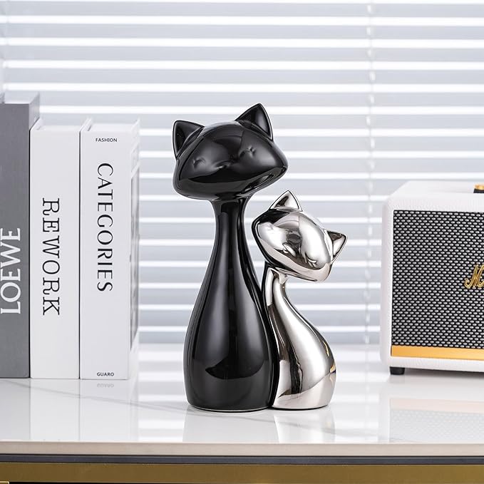 Ceramic Cat Statue Set, Black & Silver Cute Home Decor Figurines, Lucky Cats Desk Accessories for Cat Lovers, Memorial Cats Themed, Modern Collectible Decor for Bookshelf, Living Room-Ruum Studio Home