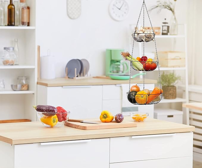 CAXXA 3-Tier Hanging Basket Fruit Organizer Kitchen Heavy Duty Wire Organizer with 2 Free Bonus Metal Ceiling Hooks, Black-Ruum Studio Home