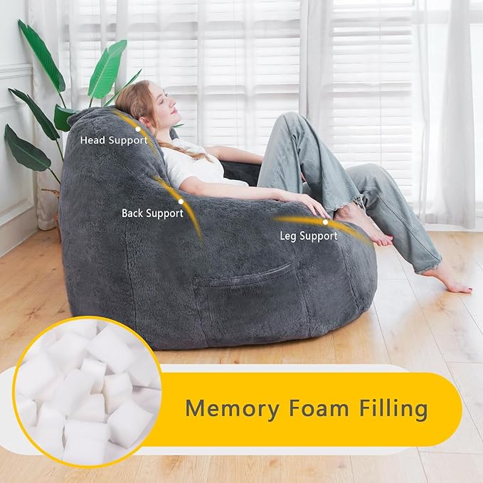 Giant Bean Bag Chair, Oversized Bean Bag Chairs for Adults and Kids, Gaming Chair Stuffed Memory Foam | Storage | Non-Slip, Removable Bean Bag Sofa Comfy Chair for Bedroom, Livingroom (Grey)-Ruum Studio Home