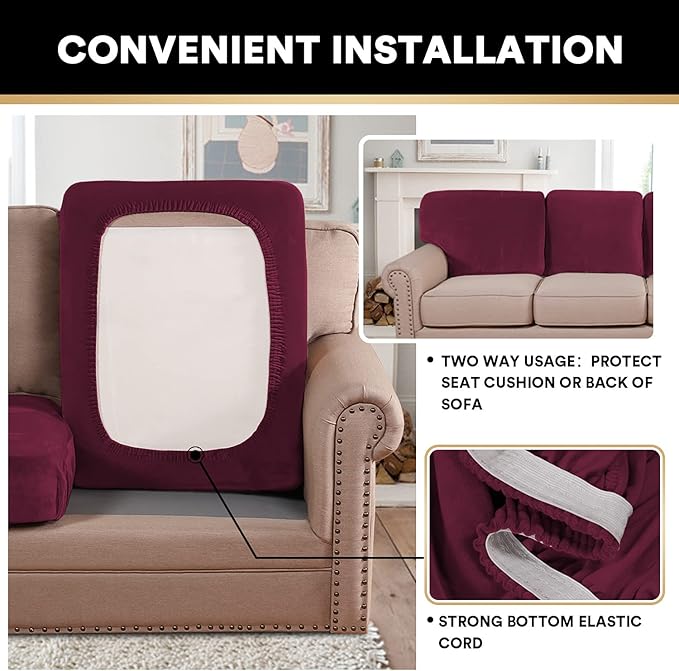 PrinceDeco Stretch Velvet Couch Cushion Covers, Soft Cushion Slipcover for Chair Loveseat Sofa Cushion Furniture Protector Seat Cushion Sofa Cover(Each Width Up to 29.5", Burgundy)-Ruum Studio Home
