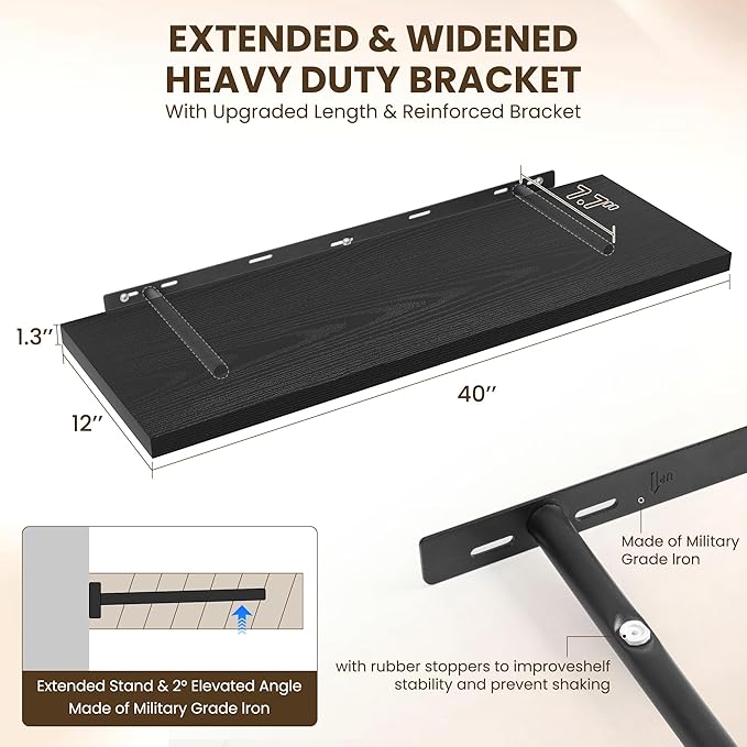 40" Floating Shelves for Wall, 12" Deep Slim Black Floating Shelves, Wall-Mounted Shelves for Bedroom, Living Room, Kitchen, Bathroom - Set of 2-Ruum Studio Home