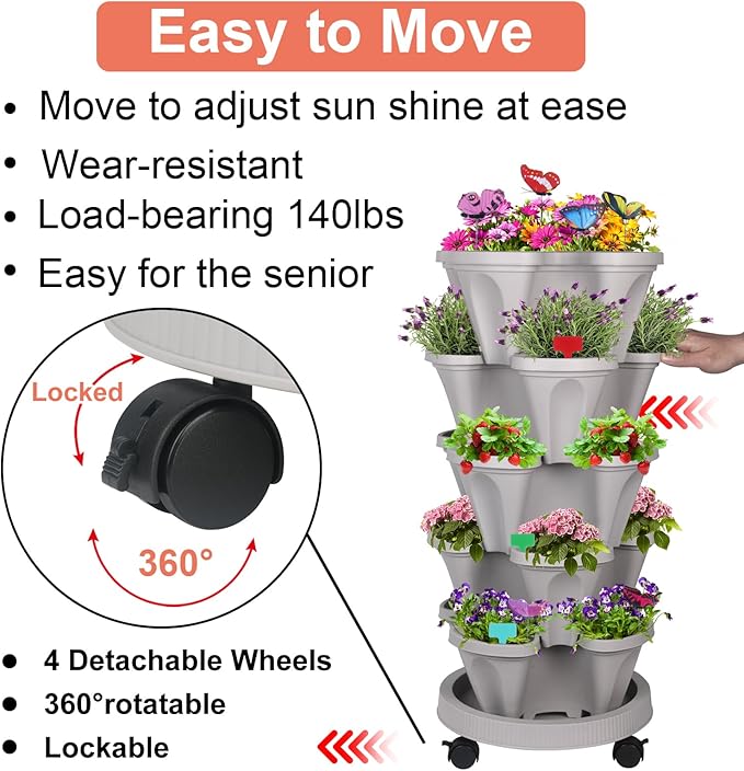 Vertical Planter, 5 Tier Stackable Strawberry Planter with Garden Tool Set, Movable Indoor/Outdoor Garden Herb Pot for Growing Vegetables and Succulents, Gray-Ruum Studio Home