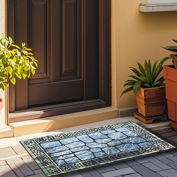 Door Mat Welcome Mat, Heavy Duty Door Mat 17.7 x 29.5 Inch Front Door Mat Rug Doormat for Outdoor Entrance Home Non-Slip Rubber Rug for Front Door, Outside, Entryway, Patio (Blue Welcome)-Ruum Studio Home