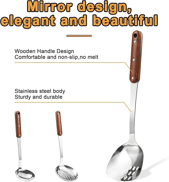 FJNATINH Stainless Steel Wok Spatula,Ladle,Skimmer Ladle Tool Set,Mirror Polished Cooking Utensils with Wooden Handle,Easy to Clean Wok Accessories,Sliver 3 PCS-Ruum Studio Home
