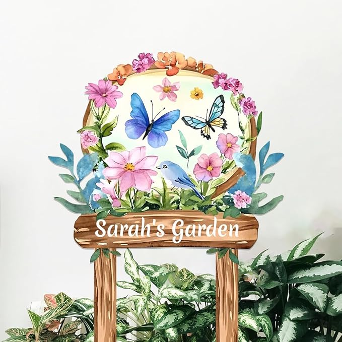 Personalized Watercolor Garden Metal Sign with Stake,Custom Gardener Last Name Signs Outdoor Decor,Customized Birds Gardening Gifts for Mom,Butterfly Flowers Plaques for Patio Lawn Porch Yard Garage-Ruum Studio Home