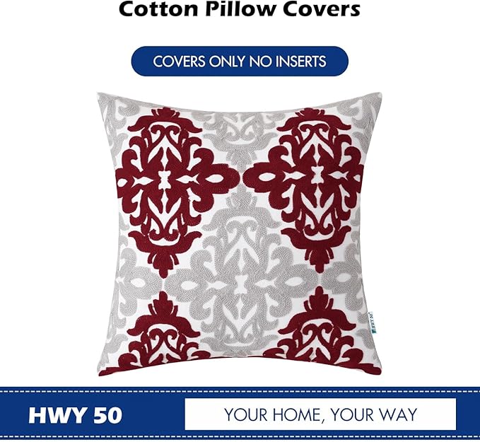 HWY 50 Burgundy Red Decorative Throw Pillow Covers 18x18 Inch (1 Piece), Embroidered Cotton Farmhouse Cushion Cover Pillow Case for Sofa Couch Living Room Bed Bedroon, Floral Geometric-Ruum Studio Home