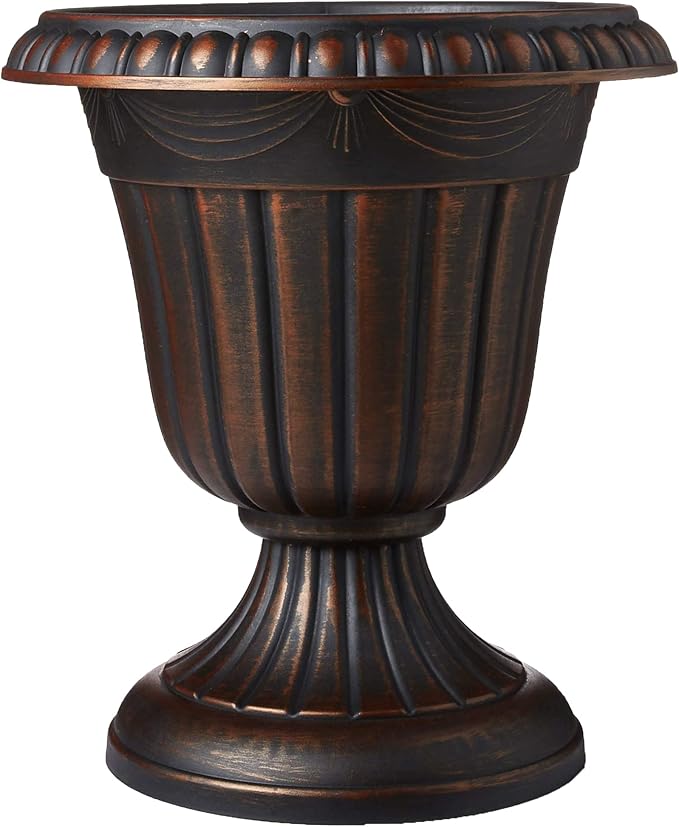 PL10CP Classic Traditional Plastic Urn Planter Indoor/Outdoor, 15" x 13", Brushed Copper-Ruum Studio Home