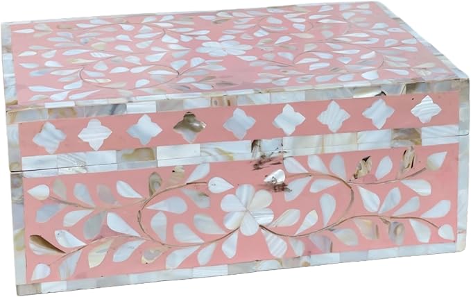 Decorative Storage Box Of Mother Of Pearl Inlay Floral Design Wooden Storage Box For Home Decoration For Living Dining & Bedroom (Pink_12x8x5 inch)-Ruum Studio Home