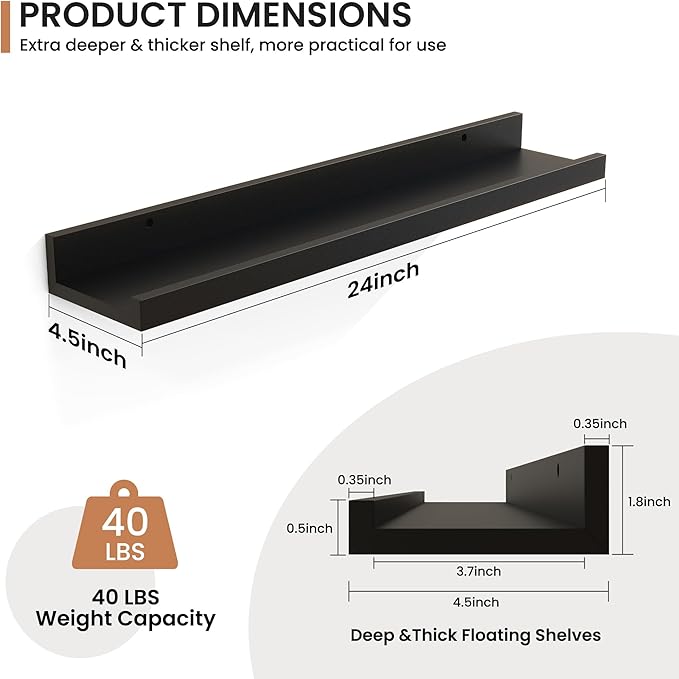 Fun Memories Picture Ledge Shelves Set of 2, 24 Inch Rustic Wall Mounted Floating Shelves with Lip for Home Storage and Décor in Bathroom, Kitchen, Nursery, Bedroom, Living Room, Black-Ruum Studio Home
