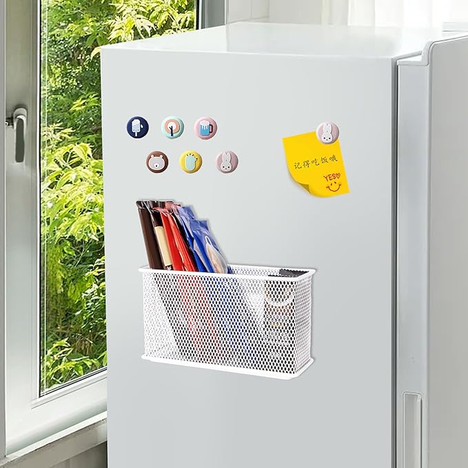 White Magnetic Basket, Magnetic Shelf Pencil Holder for Refrigerator, Wire Mesh Magnetic Bin, Magnetic Organizer Whiteboard Desktop Storage, 6.29"x2.28"x3.54"-Ruum Studio Home