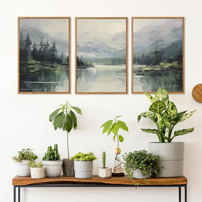 Aurlan Emerald Green Mountain Lake Landscape Framed Wall Art(16"x24"), 3PCS Abstract Forest Nature Canvas Artwork, Large Minimalist Watercolor Modern Pine Trees Scenery Decor for Office Home-Ruum Studio Home