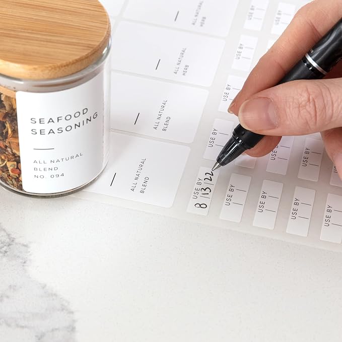 Empty Spice Jars with Label Pack (12x Bamboo Lid Glass Jar). Small 6oz Spice Storage Bottles with 112 Printed Stickers and 48 Writable Pantry Labels for Seasoning Containers-Ruum Studio Home