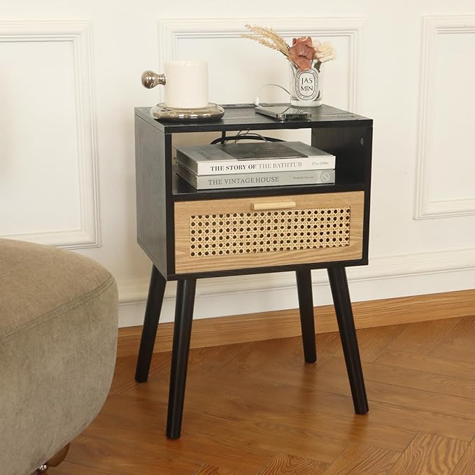 MaxSmeo Mid Century Modern Nightstand with Charging Station, Bedside Tables with Rattan Drawer, Small Wood Nightstand Side Table for Living Room,Bedroom (Black)-Ruum Studio Home