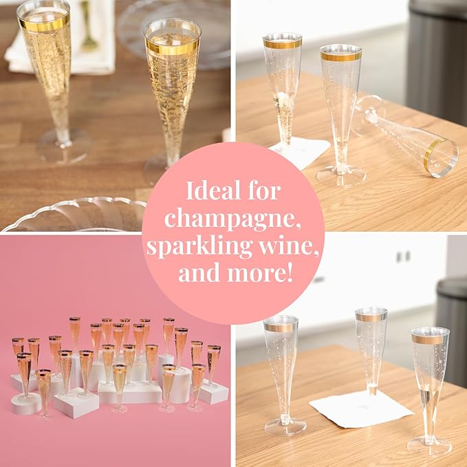 Prestee Set of 24 Plastic Champagne Flutes with Gold Rim - 4.5 oz - Shatterproof Disposable Glasses for Weddings, Cocktail Parties, and Outdoor Celebrations-Ruum Studio Home