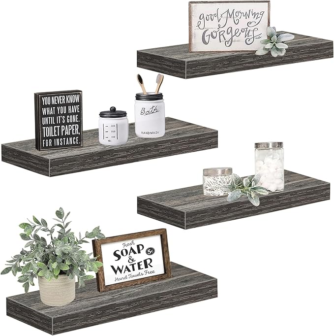 QEEIG Floating Shelves for Wall Bathroom Shelf Bedroom Kitchen Living Room Farmhouse Small Book Shelf 16 inch Set of 4, Grey (015-GY4)-Ruum Studio Home