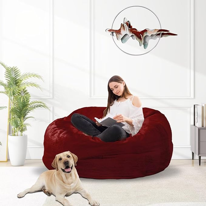 Bean Bag Chair for Adults 3FT,Soft Removable Cover for Teens/Girls Bedroom,Fluffy Giant Round Floor Beanbag Lounger Chairs (No Filler,Claret)-Ruum Studio Home