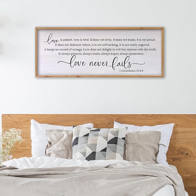 Love is Patient Love is Kind Wall Art 24×10 Inch Bible Verse 1 Corinthians 13 Christian Hanging Wood Framed Decor Sign (Wood)-Ruum Studio Home